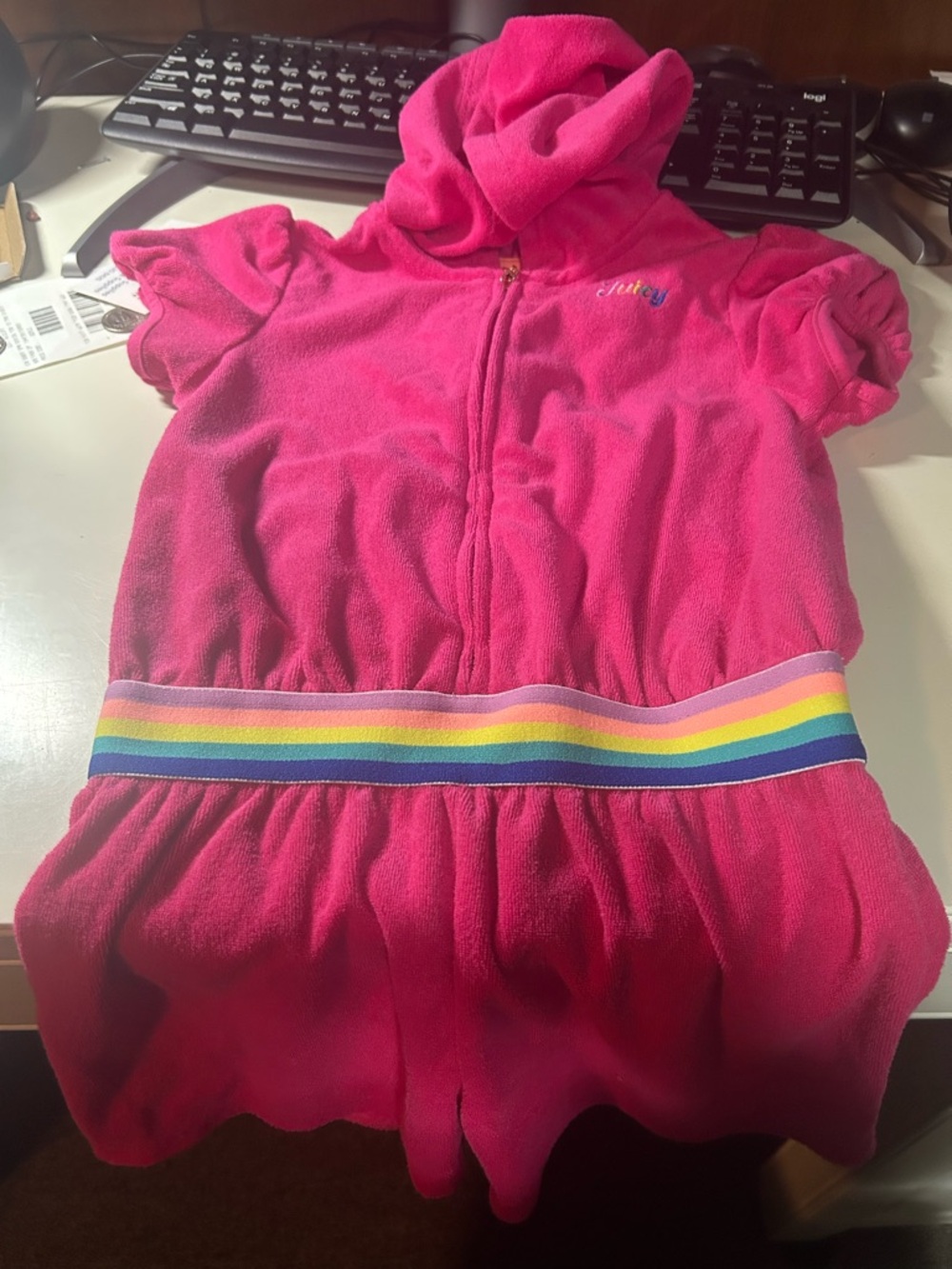 Juicy Couture Pink Hooded Terry Romper with Rainbow Waistband
